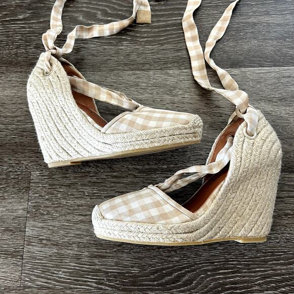 Altuzarra Stevie Checked Espadrille Wedges Gingham‎ Wrap Tie High Heel Size 6.5 - Picture 8 of 16